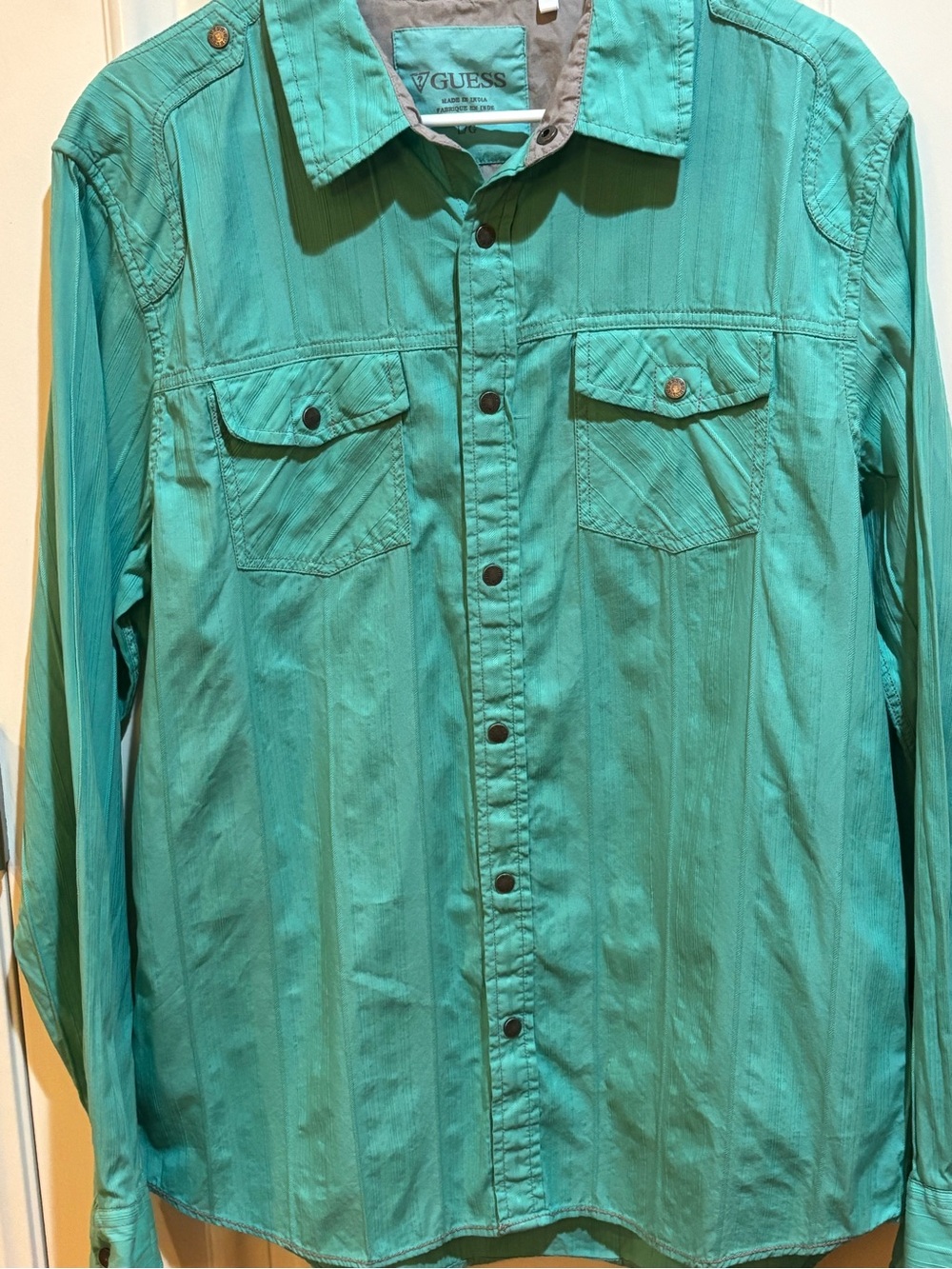GUESS Men’s Green Western Striped Long Sleeve Button-Up Cotton Shirt Pockets- L